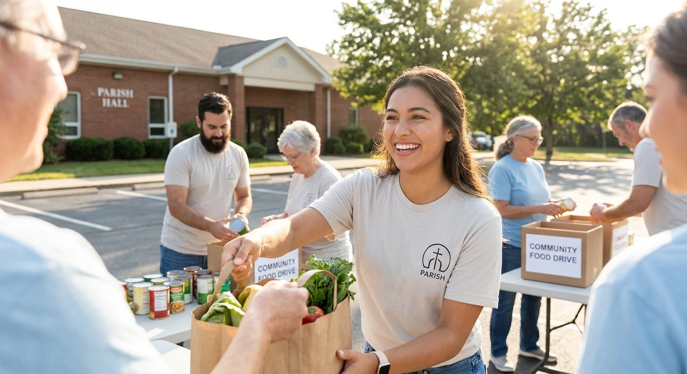 An active, sunlit outdoor scene of diverse volunteers sorting food and produce for a community drive, capturing the joy of collaborative service.