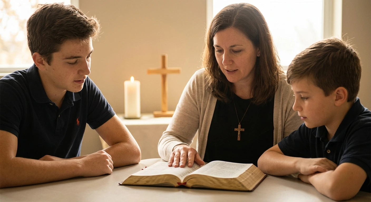 A mentor (catechist) guides youth in studying scripture, illustrating the generational transfer of faith. A small candle symbolizes enlightenment.