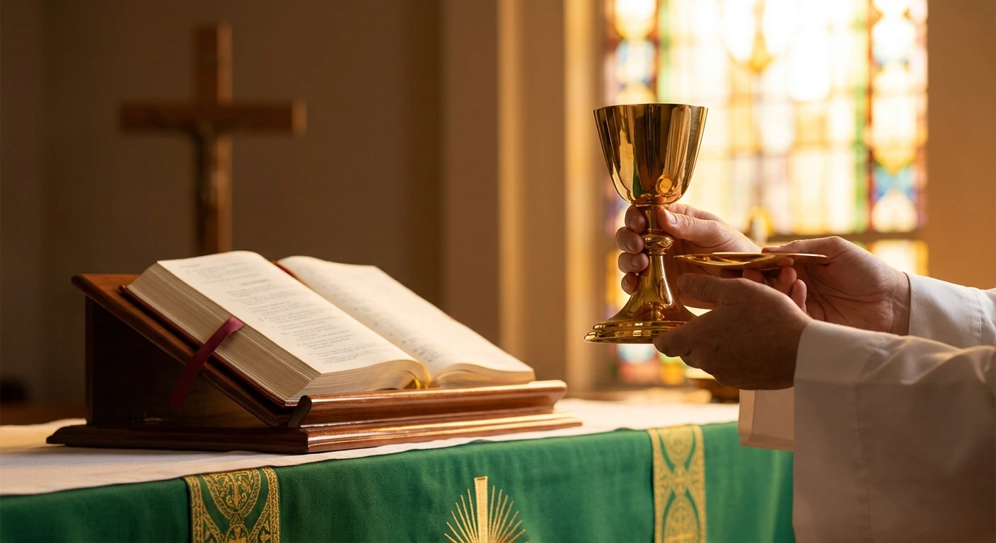 A dignified, close-up shot focusing on the elevation of the Eucharist and a Lectionary, symbolizing the structure and sanctity of the Mass.