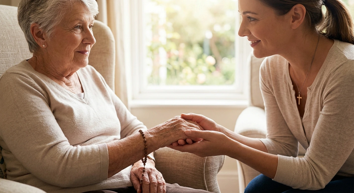 A close-up of a volunteer comforting an elderly woman (who holds a rosary). The focus is on the connection of hands, symbolizing empathy and presence.